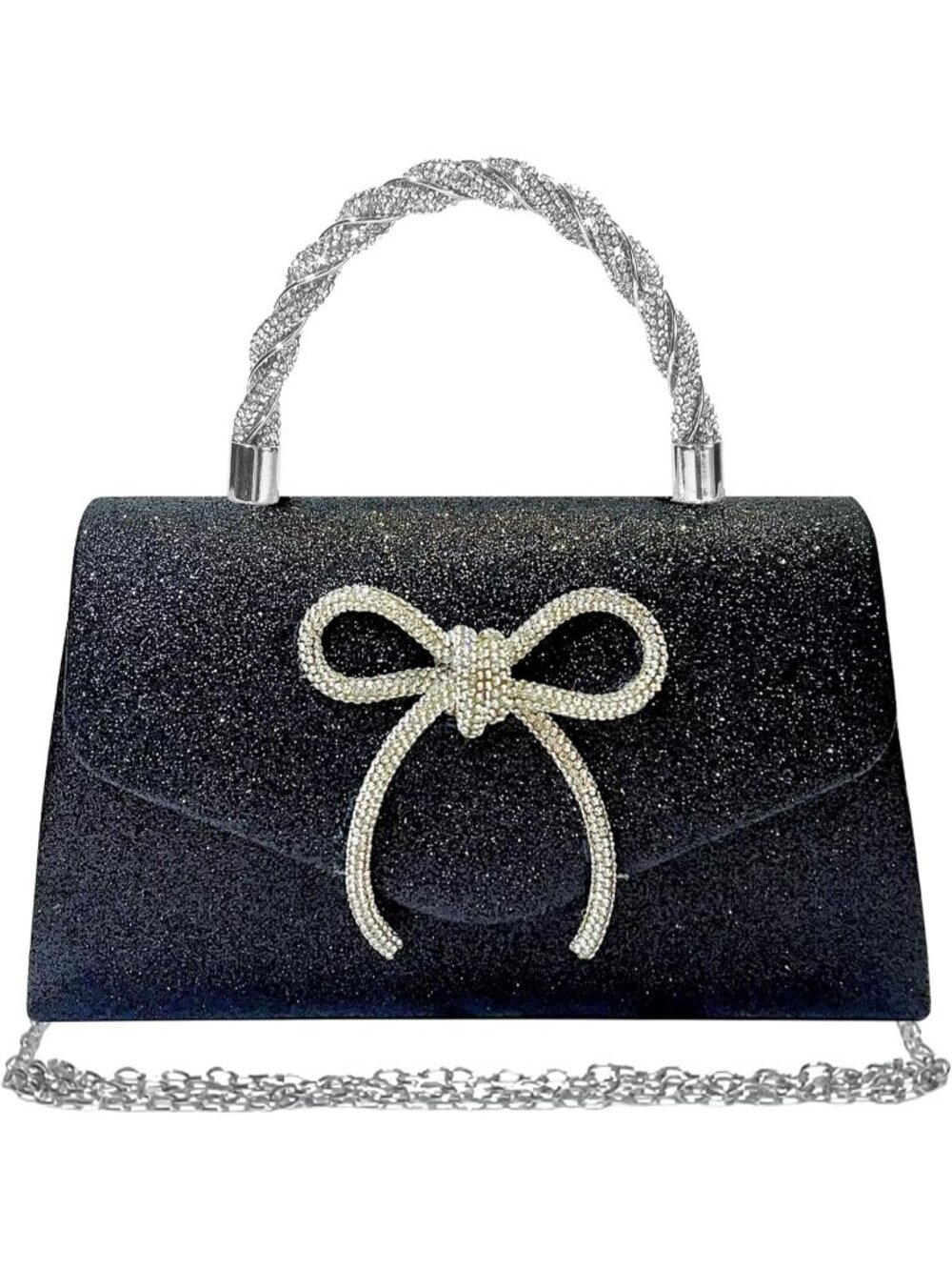 Women's Black Sparkly Bow Rhinestone Clutch Purse Wedding Evening Bag